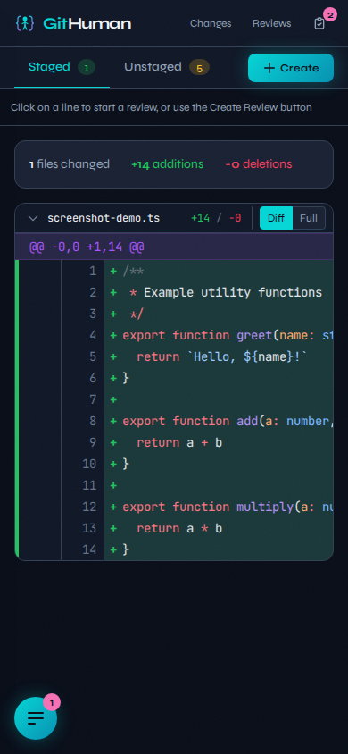 GitHuman mobile staged changes view